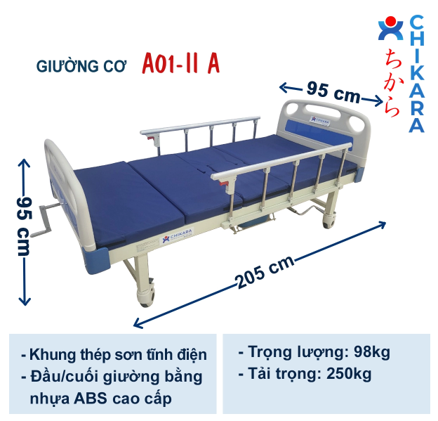 Thông số giường bệnh nhân đa năng A01-II 3 tay quay có bô vệ sinh